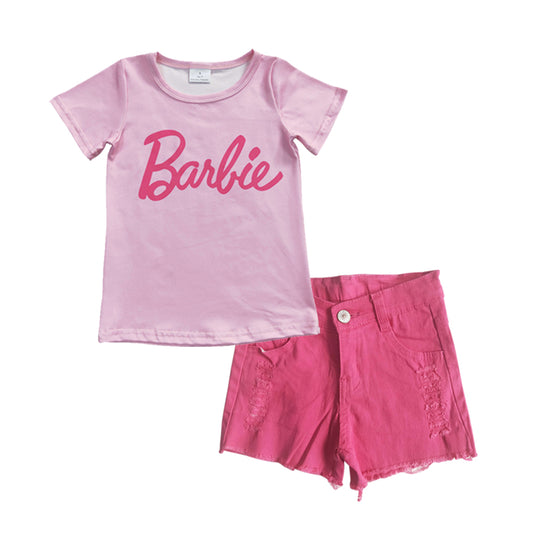 Girls pink BA top denim pink shorts outfits GSSO0287