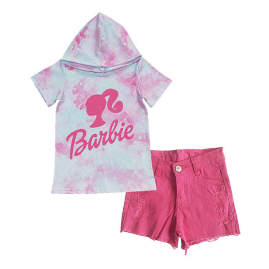 Girls pink BA tie-dye short sleeve hoodie top pink denim shorts outfits GSSO0293