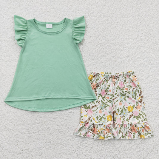 GSSO0297 Girls green cotton top floral shorts summer outfits