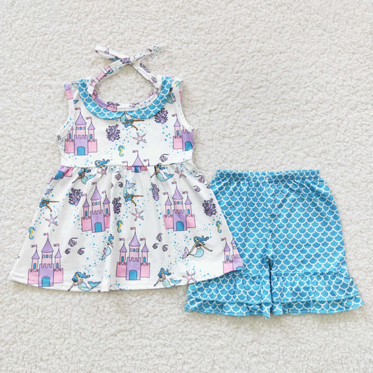 GSSO0304 Girls mermaid and castle print summer outfits