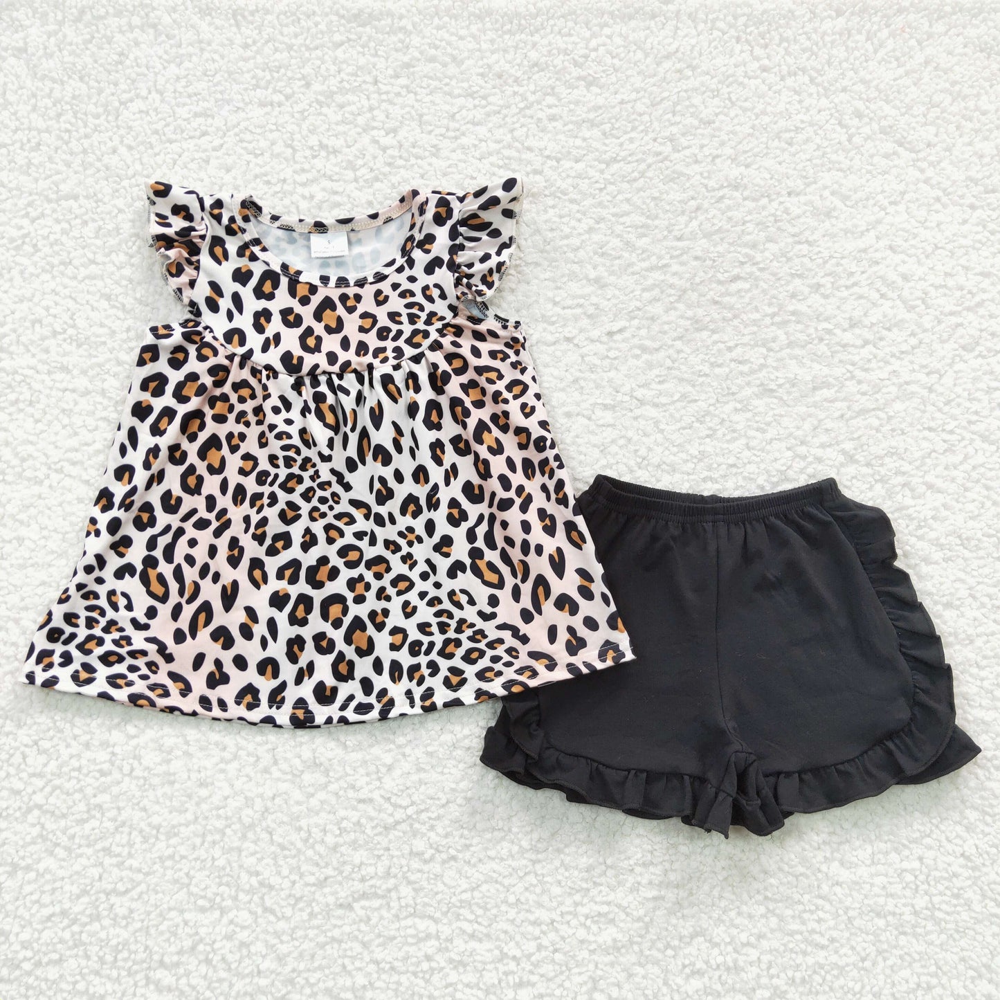 GSSO0312 Girls leopard top black shorts summer outfits