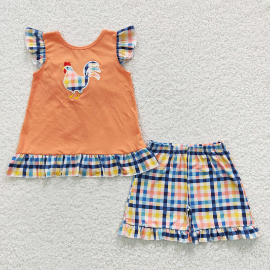 Girls chicken embroidery cotton top colorful plaid shorts summer outfits GSSO0313