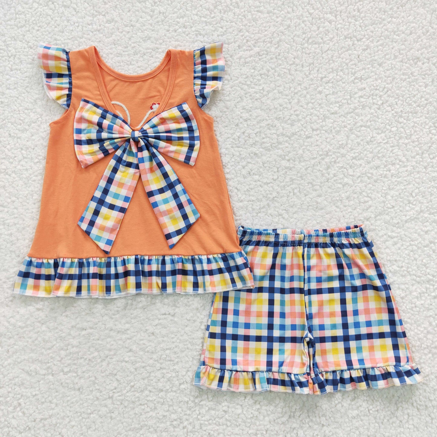 Girls chicken embroidery cotton top colorful plaid shorts summer outfits GSSO0313