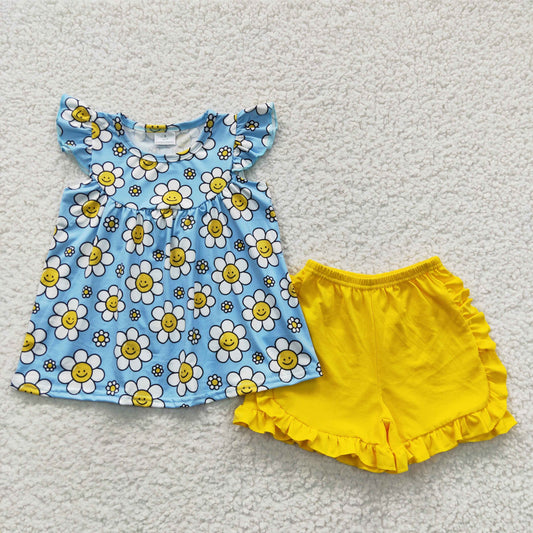 GSSO0318 Girls flutter sleeves blue flowers top yellow ruffles shorts summer outfits