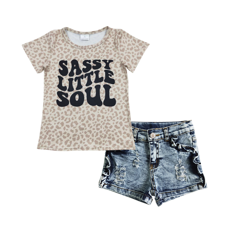 GSSO0332 Sassy little soul print leopard top denim shorts summer kids clothes set