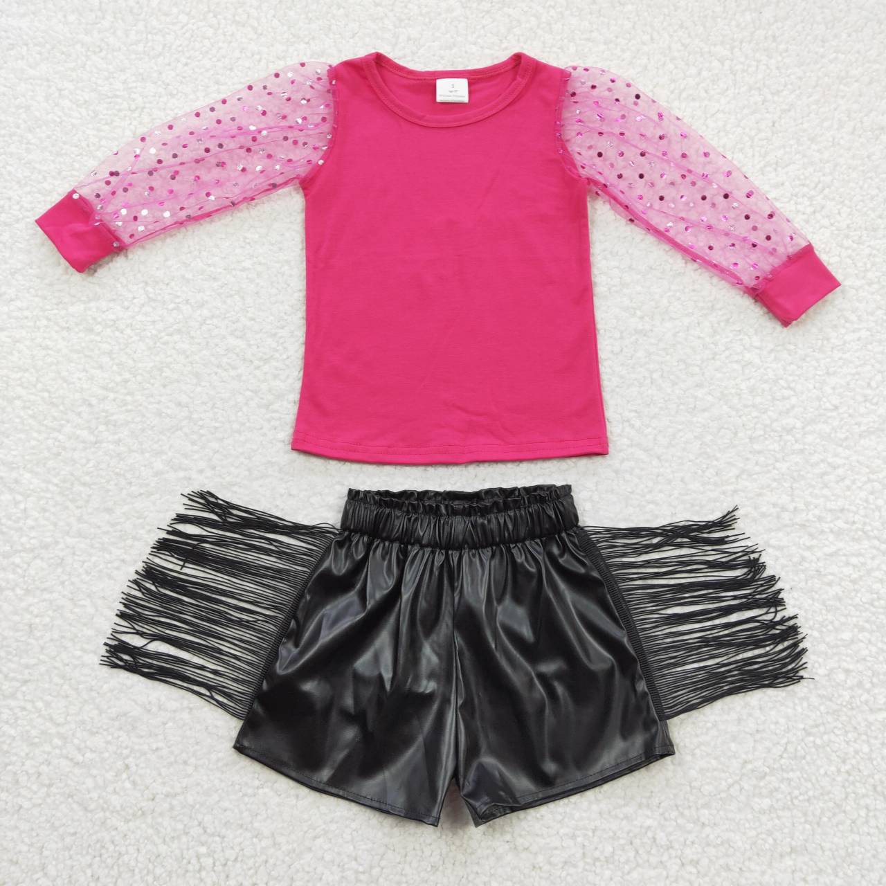 GSSO0334 Girls hot pink tulle sleeve top tassel black pleather shorts girls summer clothes