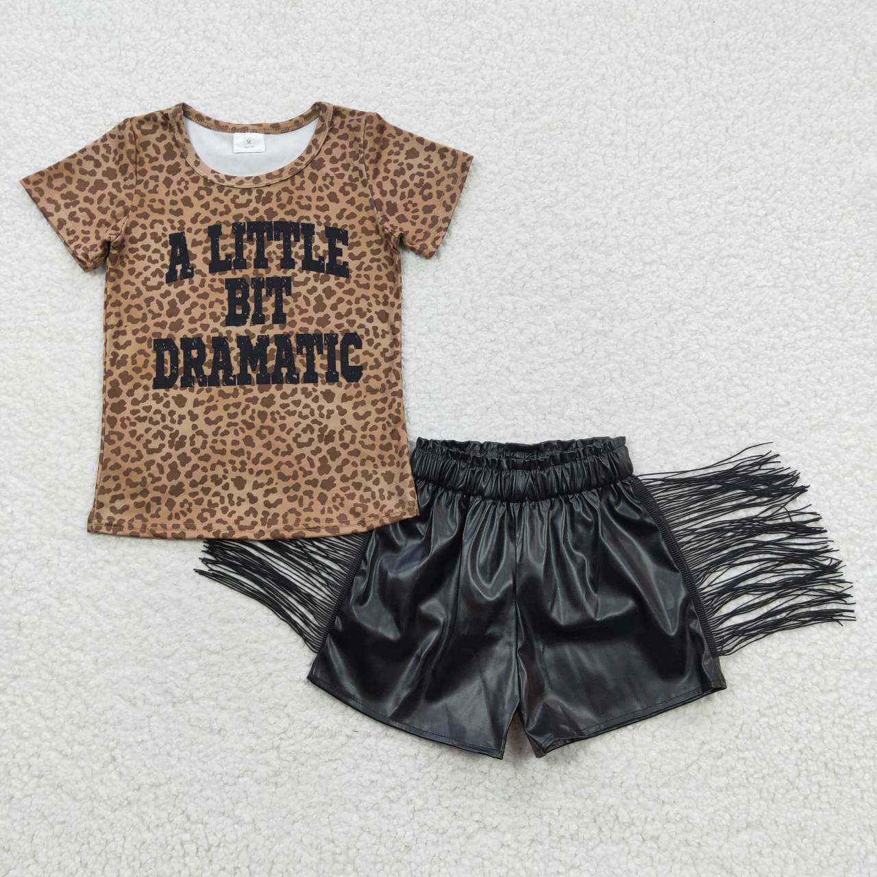 GSSO0335 A little bit dramatic leopard top tassel black pleather shorts girls summer clothes