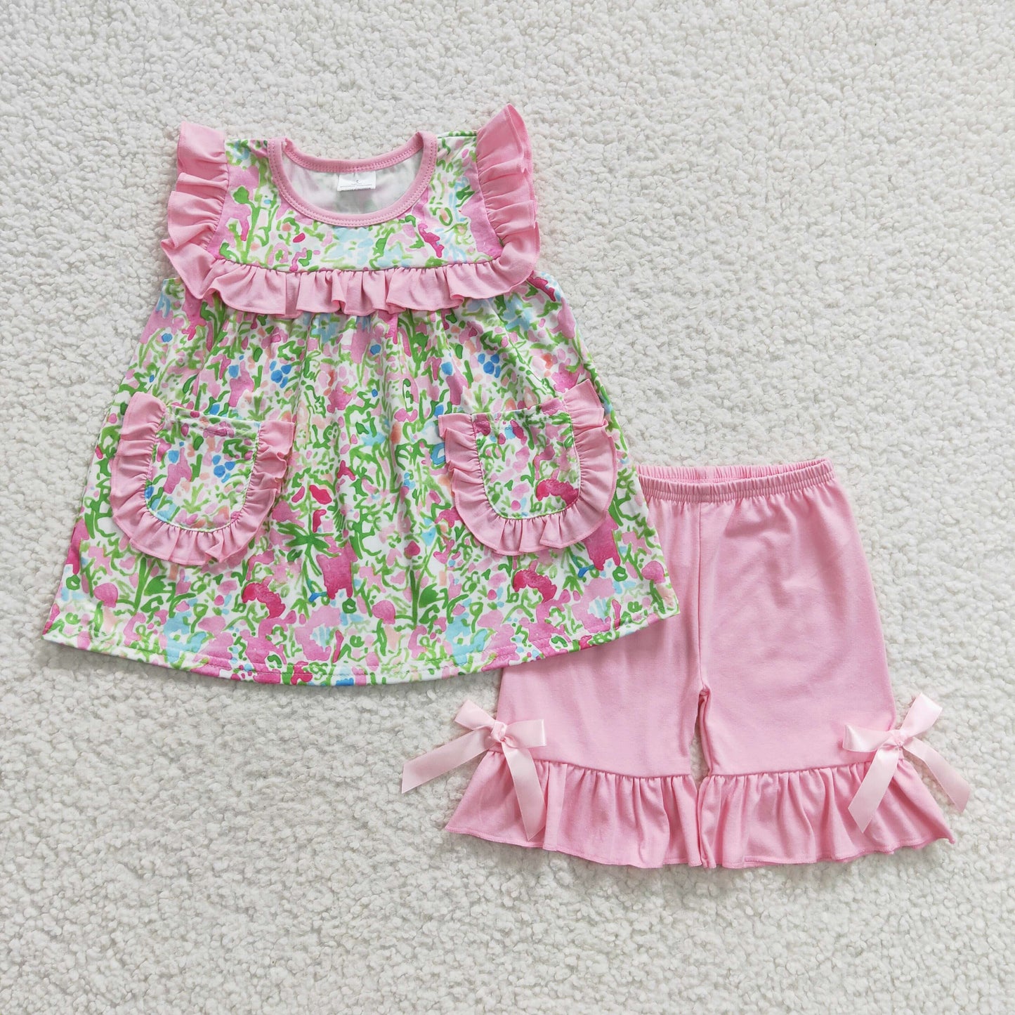 GSSO0338 Girls pink flowers shorts summer outfits