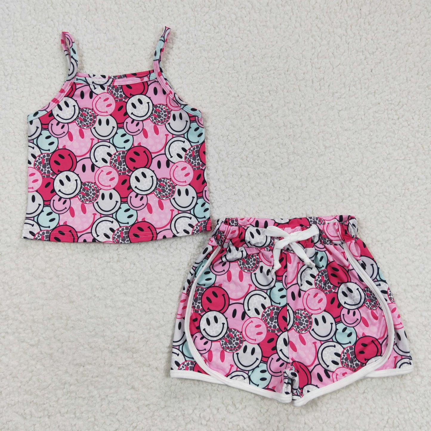 GSSO0340 Girls smiling face pink shorts summer clothes sets