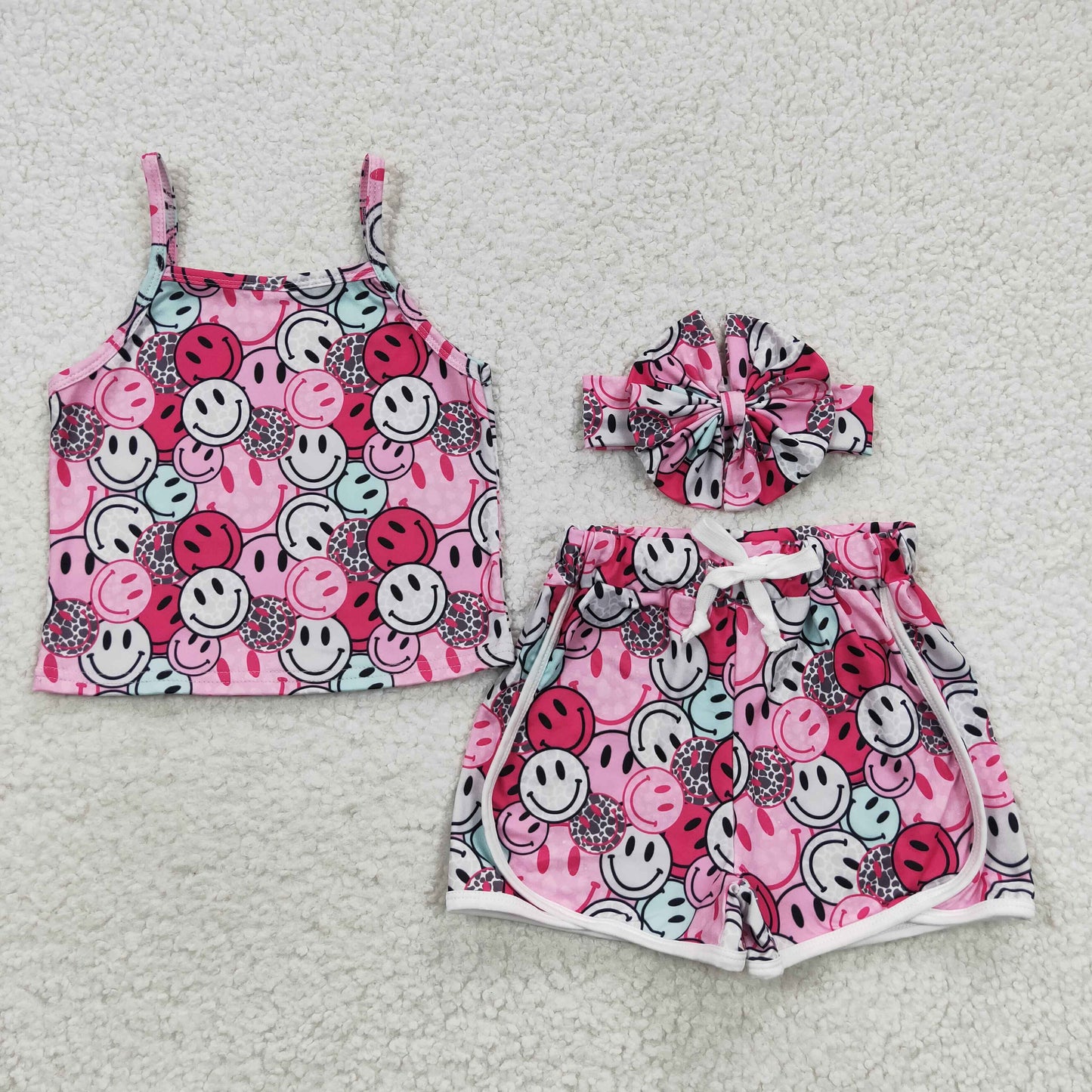 GSSO0340 Girls smiling face pink shorts summer clothes sets