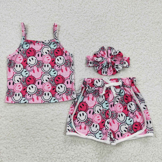 GSSO0340 Girls smiling face pink shorts summer clothes sets