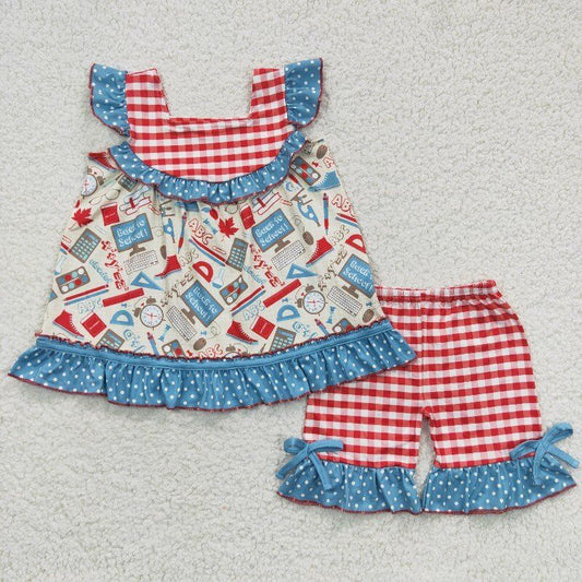 GSSO0345 Girls blue dots ruffle red plaid shorts back to school outfits