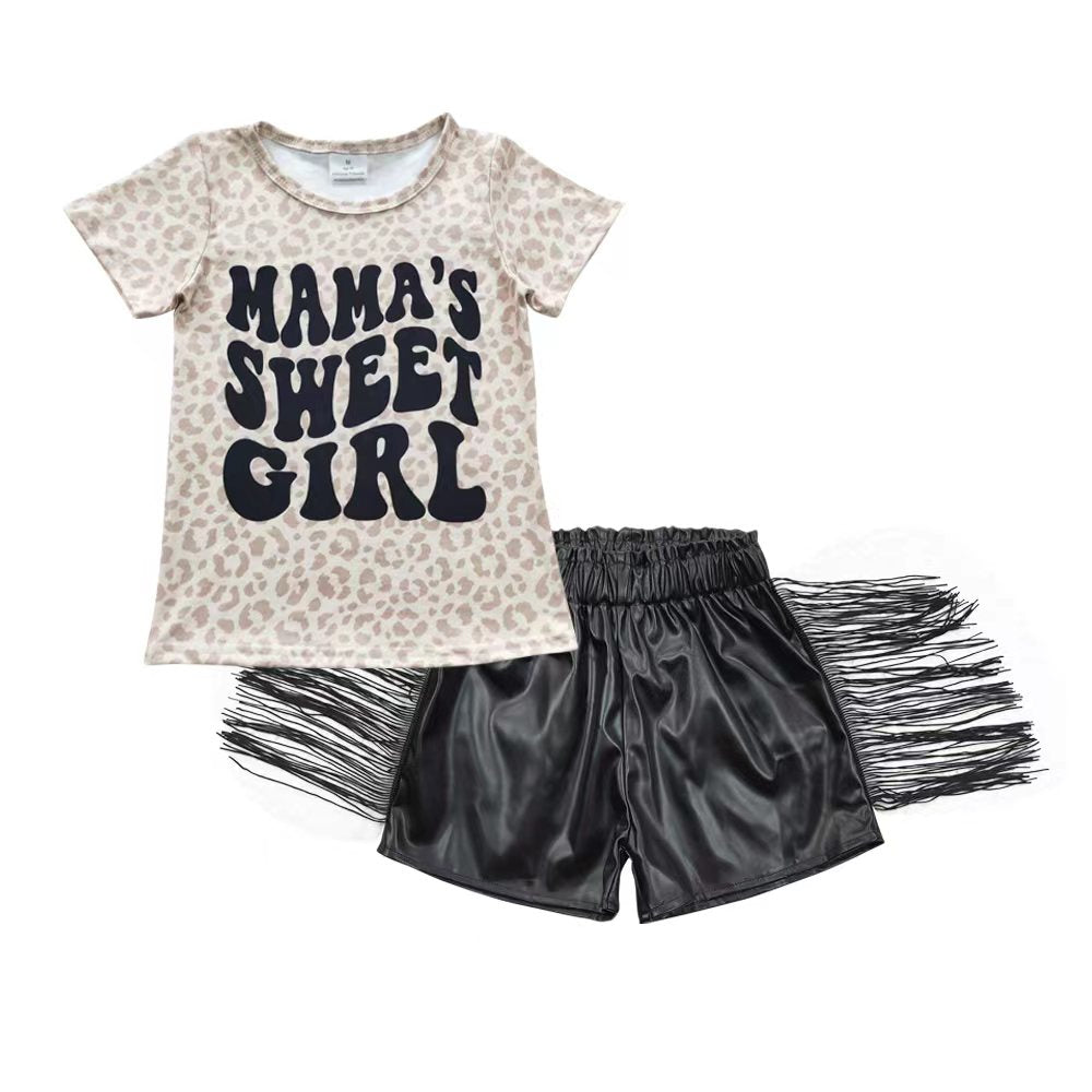 GSSO0349 Mama's sweet leopard top tassel black pleather shorts girls summer clothes set