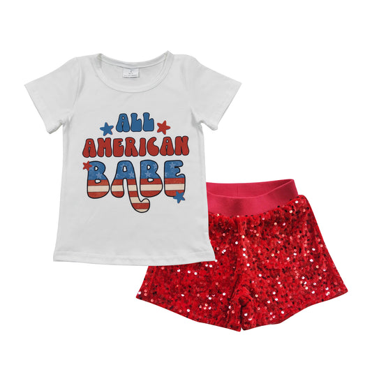GSSO0350 All American Babe top sequined red sparking shorts girls 4th of July outfits