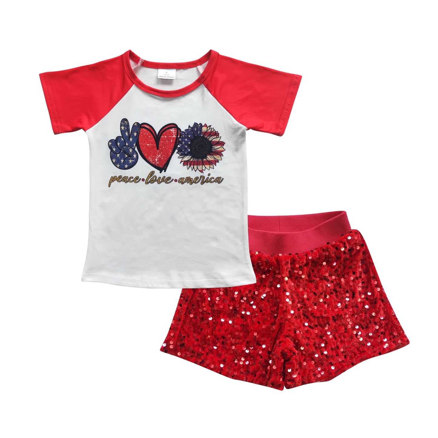 GSSO0351 Peace love America top sequined red sparking shorts girls 4th of July outfits