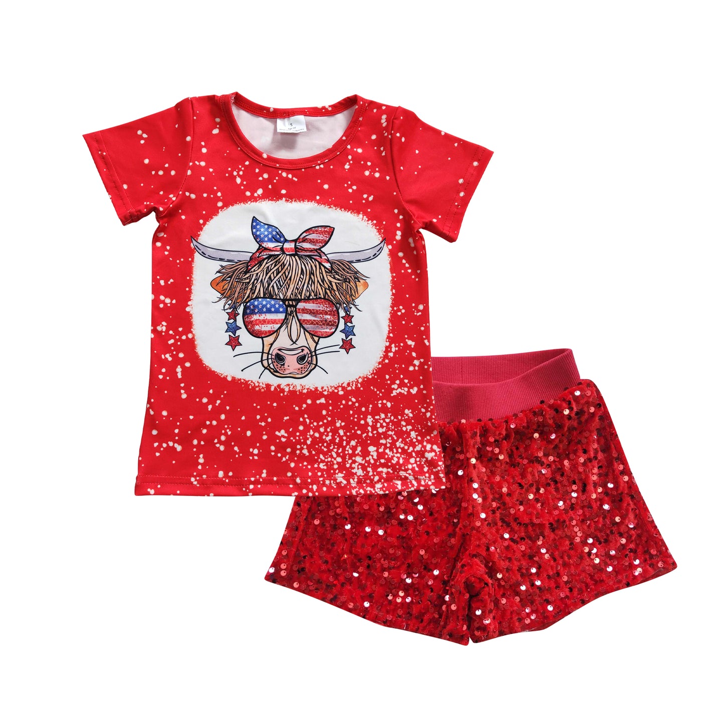 GSSO0352 Girls cow print 4th of July top sequined red sparking shorts outfits