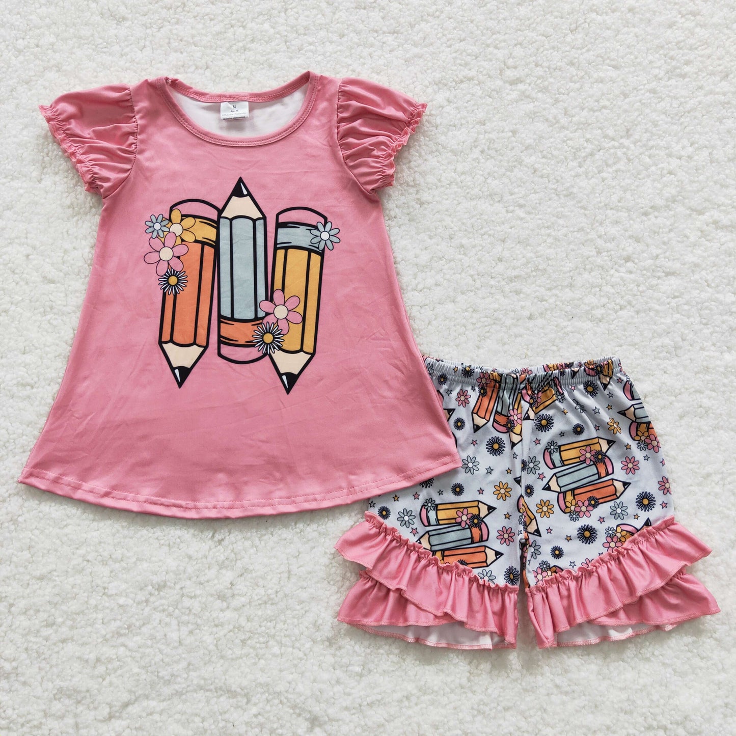 GSSO0356 Girls pink pencil flowers back to school outfits