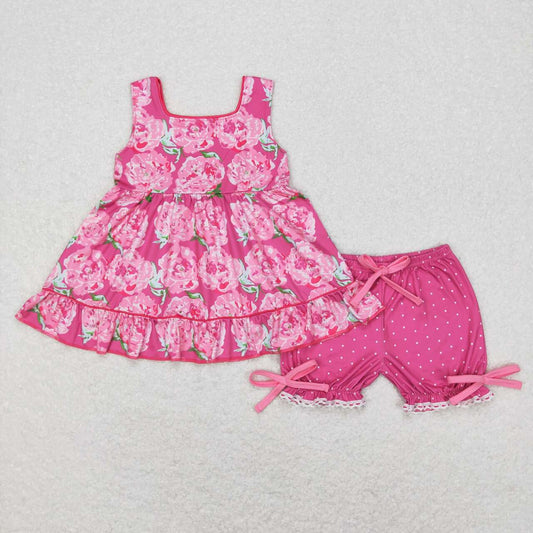 GSSO0364 Pink Flowers Print Girls Summer Clothes Set