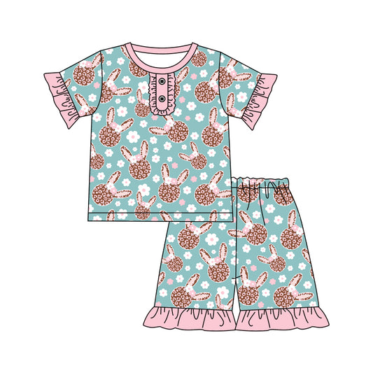 (Pre-order)GSSO0365 Bunny Flowers Print Shorts Girls Easter Pajamas Clothes Set