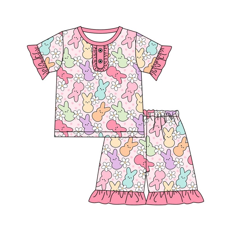 (Pre-order)GSSO0371 Colorful Bunny Flowers Print Girls Shorts Easter Pajamas Clothes Set