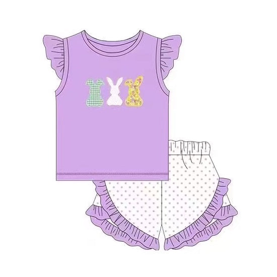 (Pre-order)GSSO0376  Purple Bunny Girls Shorts Easter Clothes Set