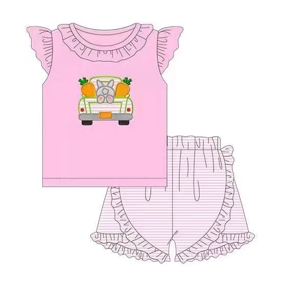 (Pre-order)GSSO0377  Pink Bunny Truck Carrot Girls Shorts Easter Clothes Set