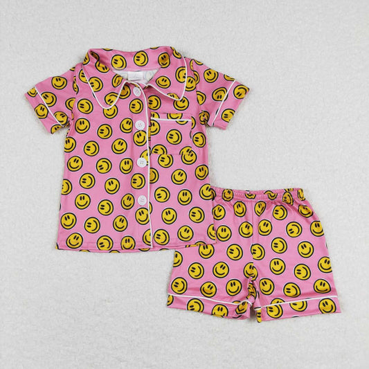 GSSO0380 Pink Smiling Print Girls Shorts Pajamas Clothes Set