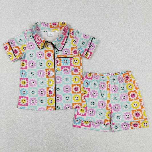 GSSO0381 Colorful Flowers Smiling Print Girls Shorts Pajamas Clothes Set