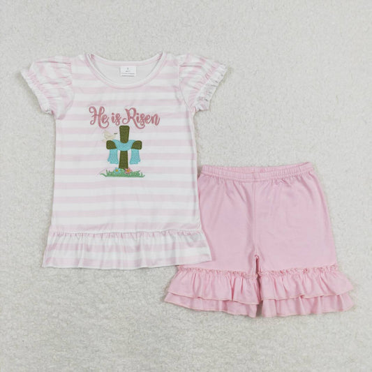 GSSO0382 He Is Risen Cross Embroidery Top Pink Shorts Girls Easter Clothes Set