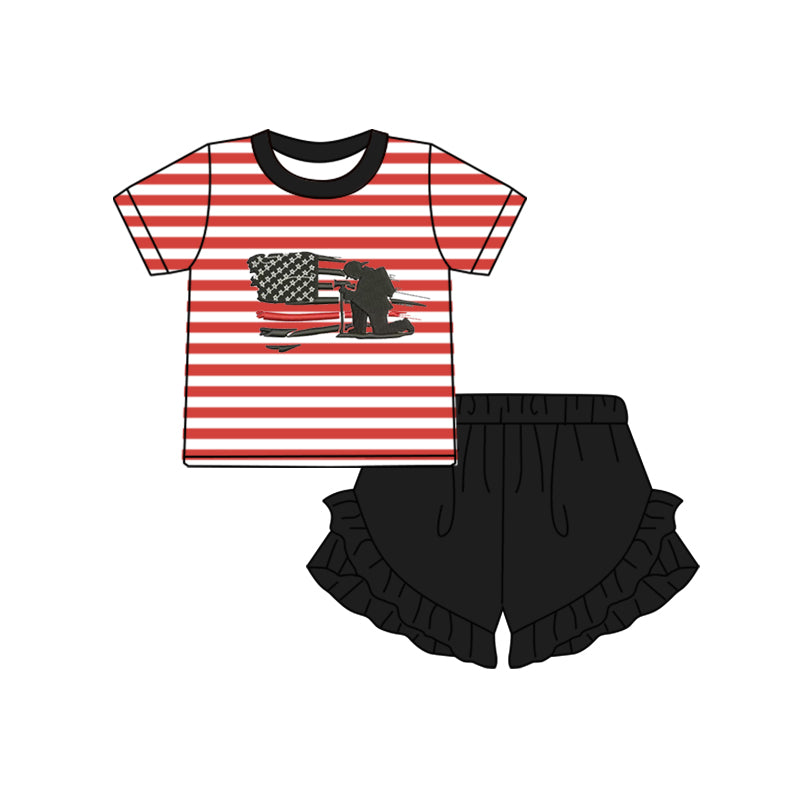 (Pre-order)GSSO0383 Fireman Red Stripes Print Top Black Shorts Girls Clothes Set