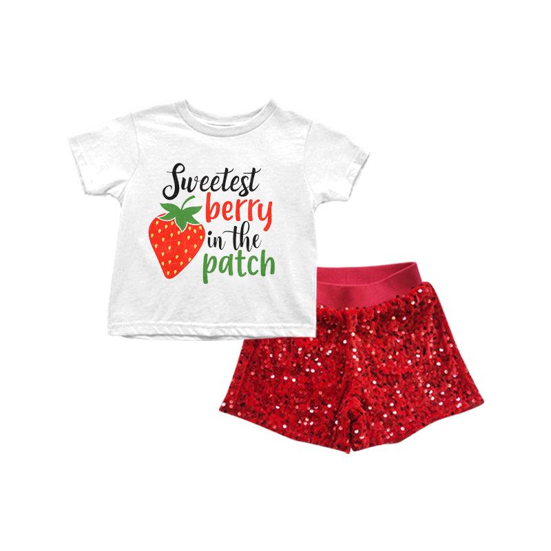 (Pre-order)GSSO0385 Sweetest Berry In The Patch Top Girls Red Sequin Shorts Clothes Set