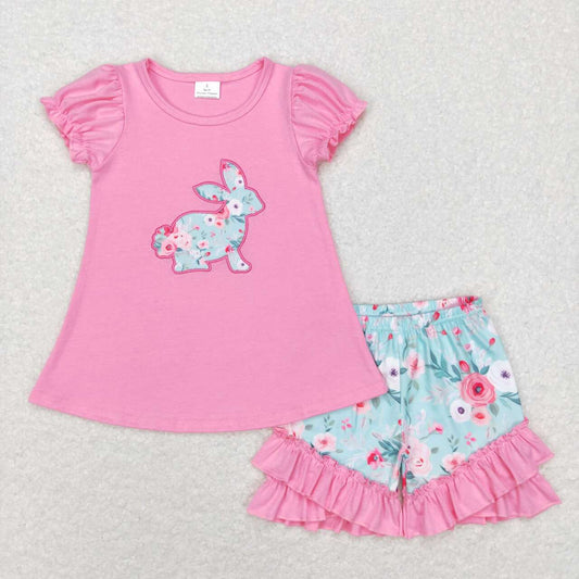 GSSO0386 Pink Flowers Bunny Embroidery Top Girls Shorts Easter Clothes Set