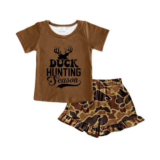 (Pre-order)GSSO0393 Brown Duck Hunting Season Camo Print Girls Shorts Clothes Set