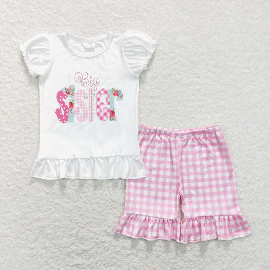 GSSO0395 Big Sister Print Pink Plaid Shorts Girls Summer Clothes Set