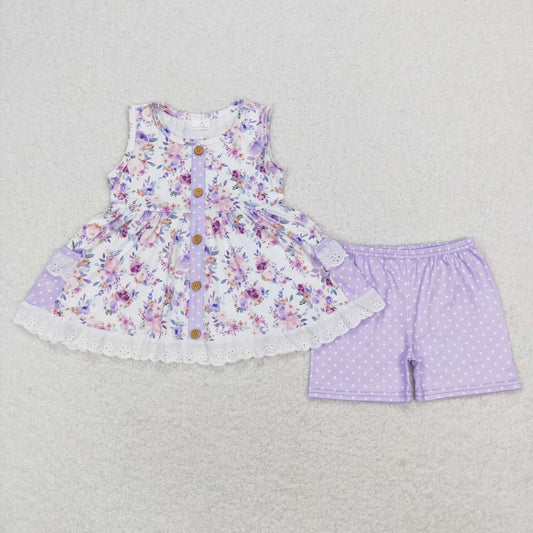 GSSO0402 Purple Flowers Sleeveless Tunic Top Dots Shorts Girls Clothes Set