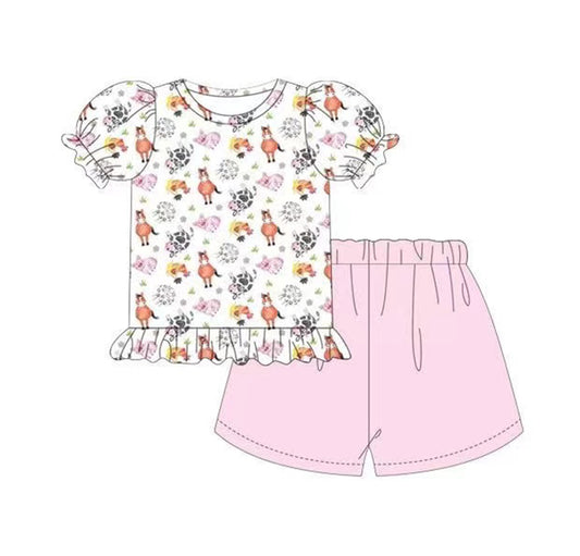 (Pre-order)GSSO0406 Farm Animals Top Pink Shorts Girls Clothes Set