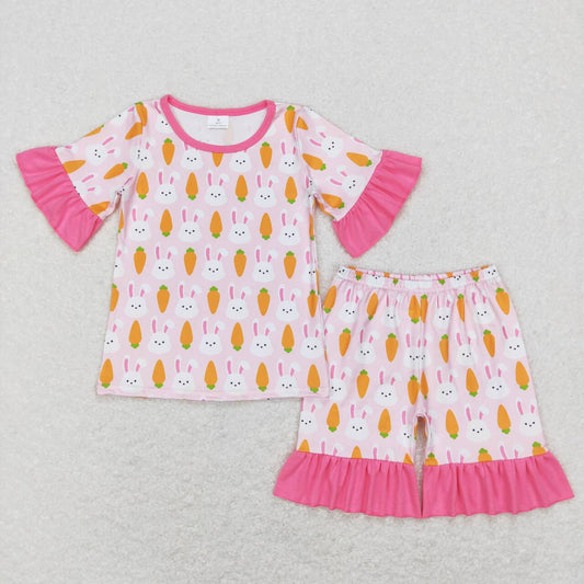 GSSO0407 Pink Bunny Carrot Girls Easter Shorts Pajamas Clothes Set