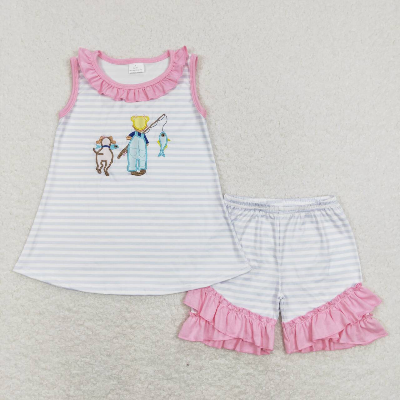 GSSO0412 Go Fishing Embroidery Top Ruffle Shorts Girls Summer Clothes Set