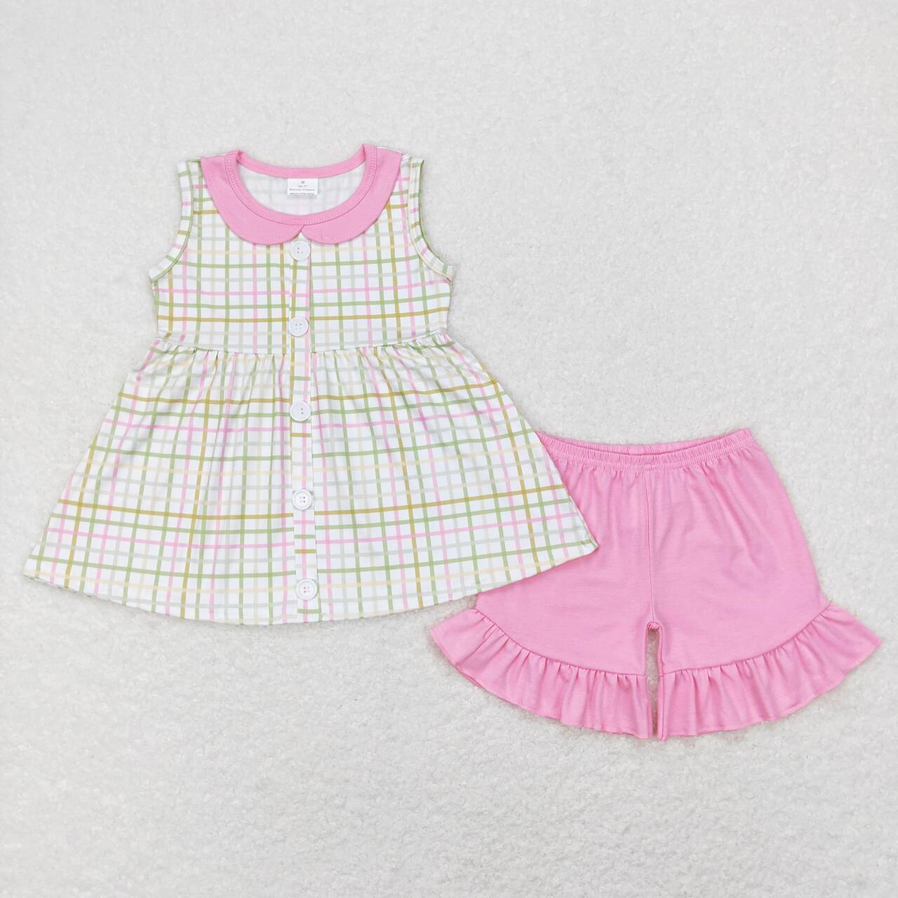 GSSO0416 Plaid Buttons Tunic Top Pink Shorts Girls Summer Clothes Set