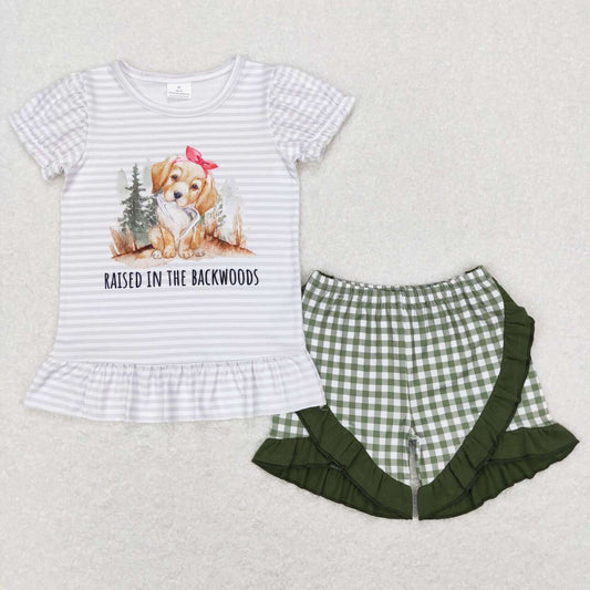 GSSO0417 Raised In The Backwoods Dog Print Green Shorts Girls Summer Clothes Set