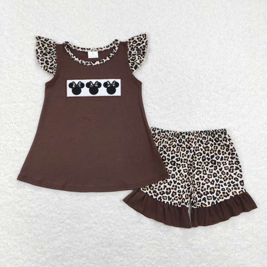 GSSO0424 Brown Cartoon Mouse Embroidery Top Leopard Shorts Girls Summer Clothes Set