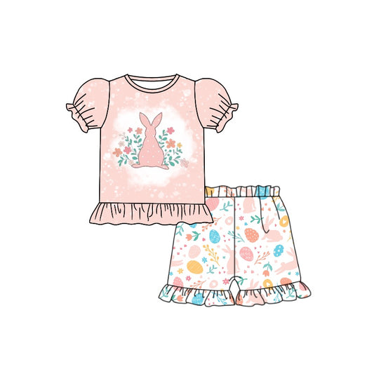 (Pre-order)GSSO0425 Pink Flowers Bunny Print Girls Easter Shorts Clothes Set