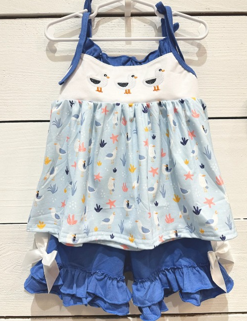 (Pre-order)GSSO0427  Sea Gull Print Top Blue Shorts Girls Summer Clothes Set