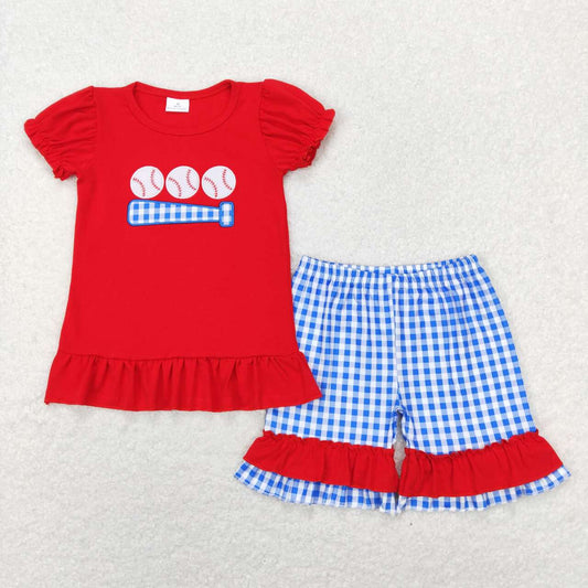 GSSO0428  Baseball Embroidery Red Top Blue Plaid Shorts Girls Summer Clothes Set