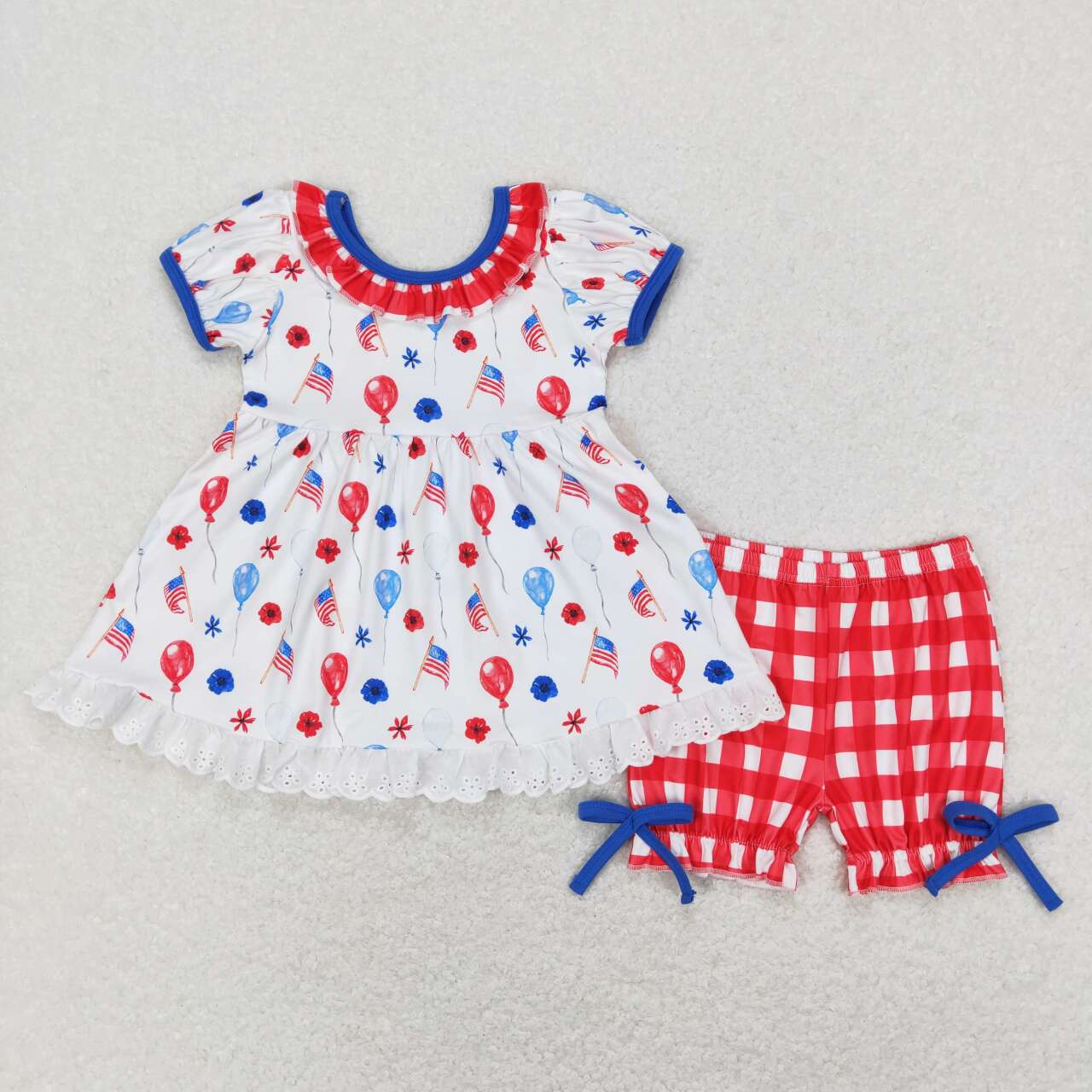 GSSO0430 Red Flowers Balloon Print Tunic Top Plaid Shorts Girls 4th of July Clothes Set