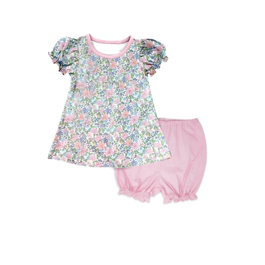 (Pre-order)GSSO0433  Flowers Top Pink Shorts Girls Summer Clothes Set