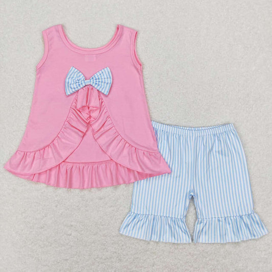 GSSO0438  Pink Bow Top Blue Stripes Shorts Girls Summer Clothes Set