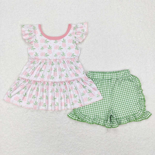 GSSO0440  Flowers Print Top Green Plaid Shorts Girls Summer Clothes Set