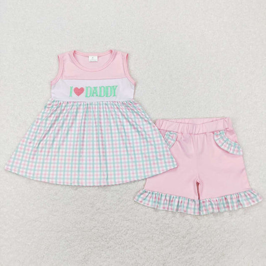 GSSO0441  I LOVE DADDY Embroidery Tunic Top Pink Shorts Girls Summer Clothes Set