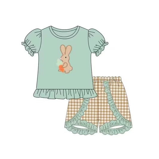 (Pre-order)GSSO0442 Green Bunny Top Plaid Shorts Girls Easter Clothes Set